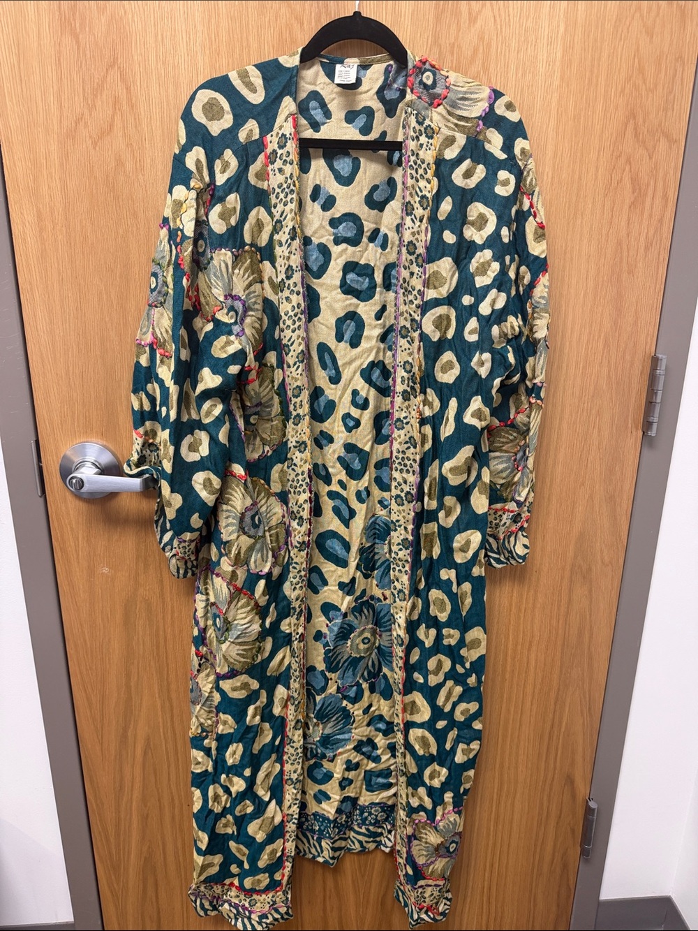 Raj Teal and Beige Abstract Floral and Leopard Print Bohemian Kimono Duster